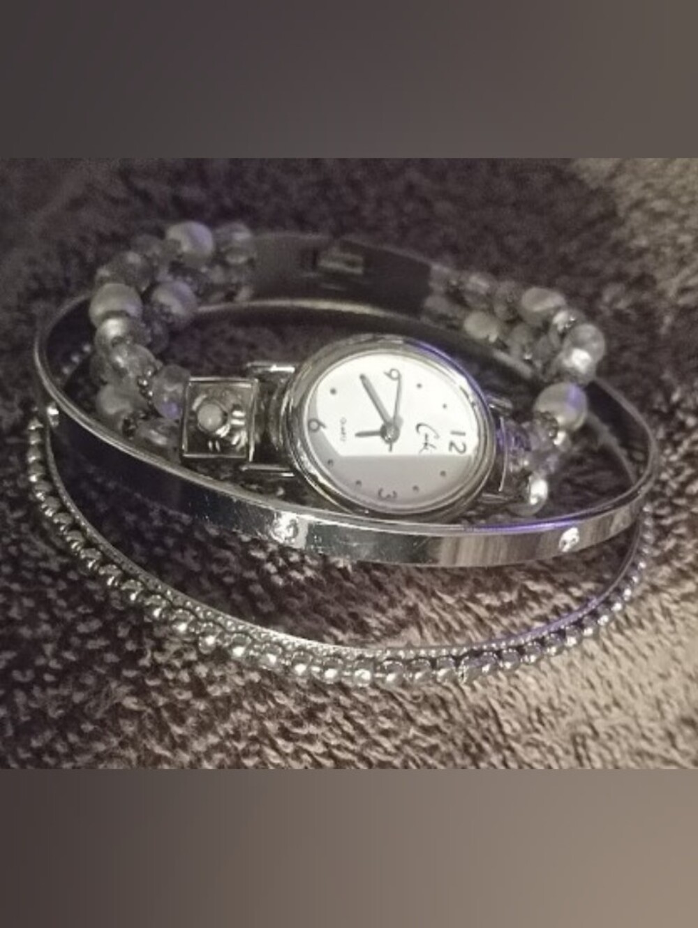 Vtg. Caché Beaded Bracelet Watch Stack with 2 Silver Accent Bangles – Y2K Style